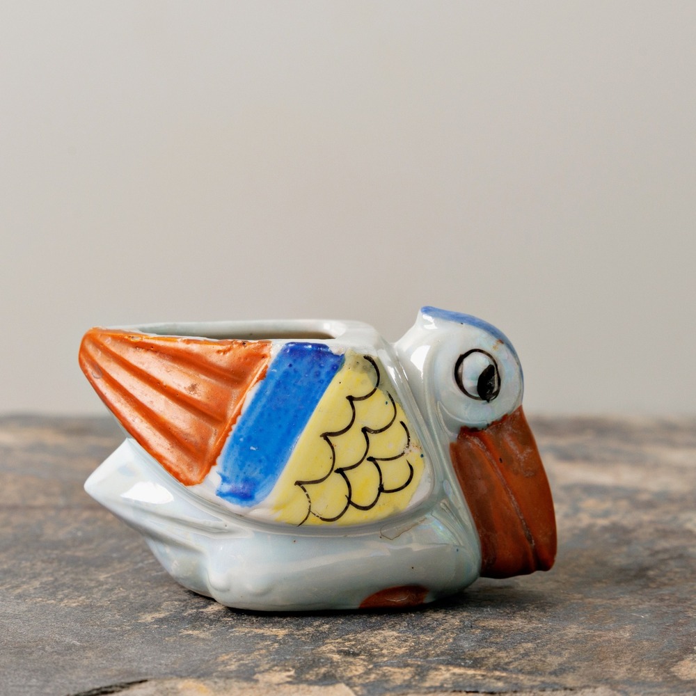 Art Deco Vintage Pelican Figurine Toothpick Holder Ceramic Bird Lusterware Japan